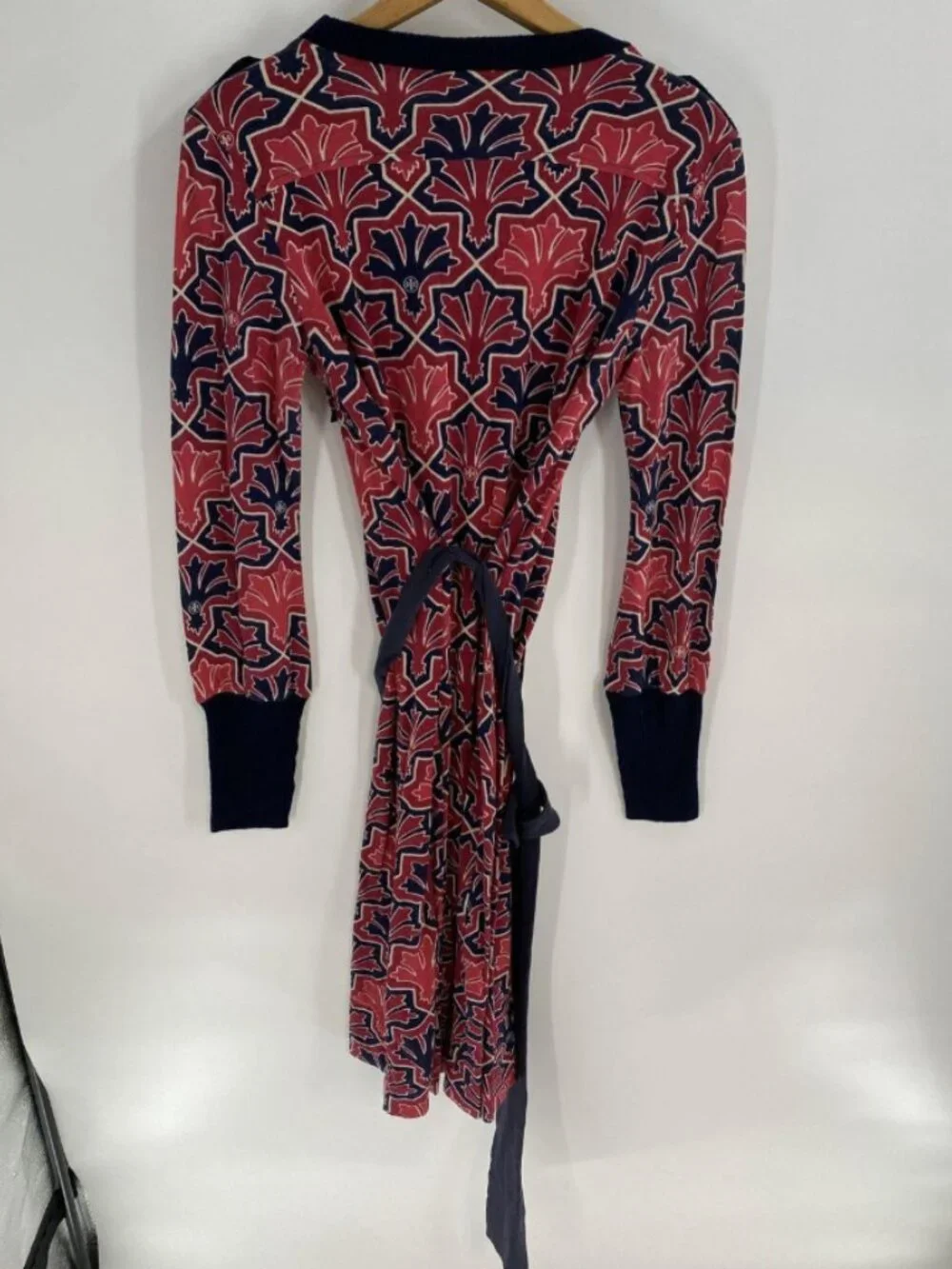 Tory Burch Silk Cotton Knit Belted Dress Red Navy Print - XS
